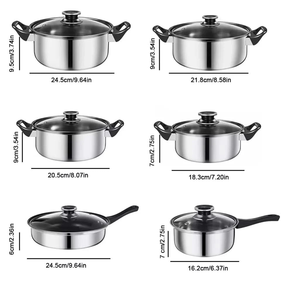 12-Piece Stainless Steel Cookware Saucepan Set with Glass Lids – Includes Saucepans and Pots for Kitchen Cooking, Compatible with Induction, Gas, and Electric Hobs