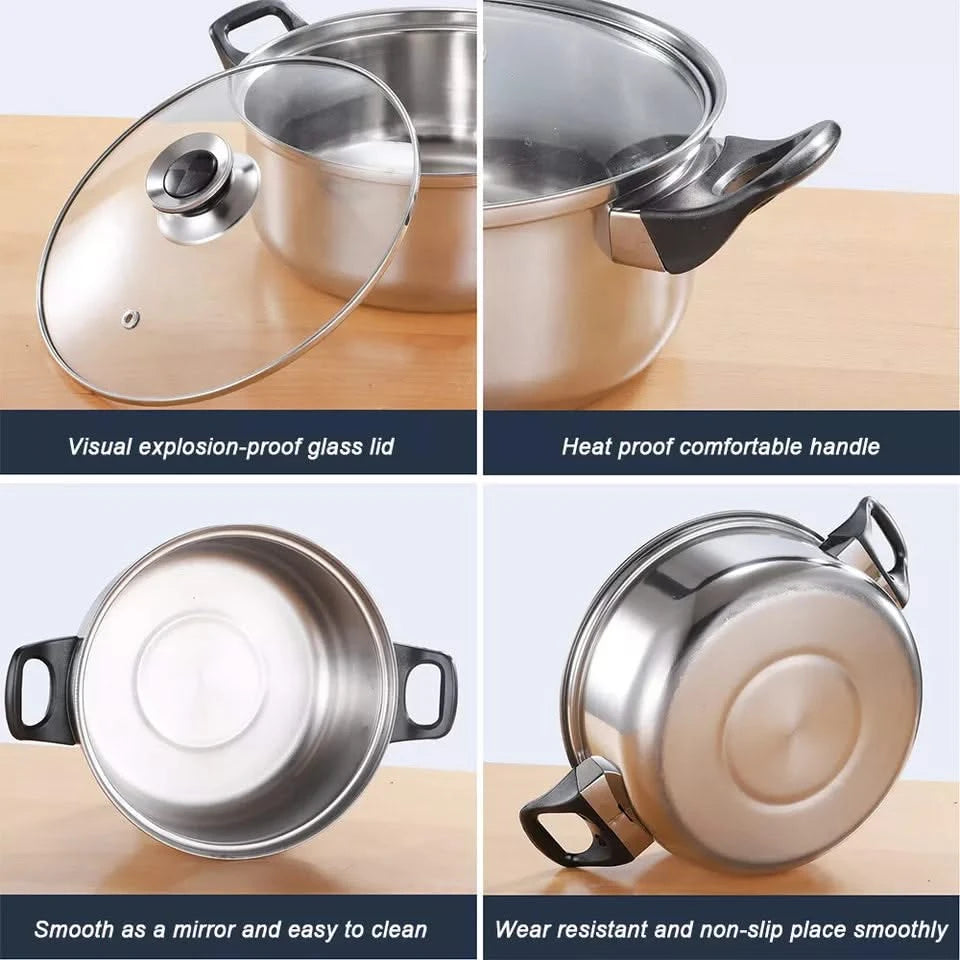 12-Piece Stainless Steel Cookware Saucepan Set with Glass Lids – Includes Saucepans and Pots for Kitchen Cooking, Compatible with Induction, Gas, and Electric Hobs