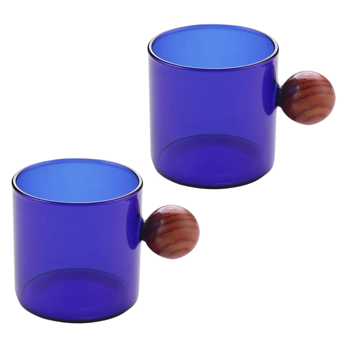 Pack of 2: Borosilicate Glass Coffee Mugs with Wooden Handle, 120 ml, Blue