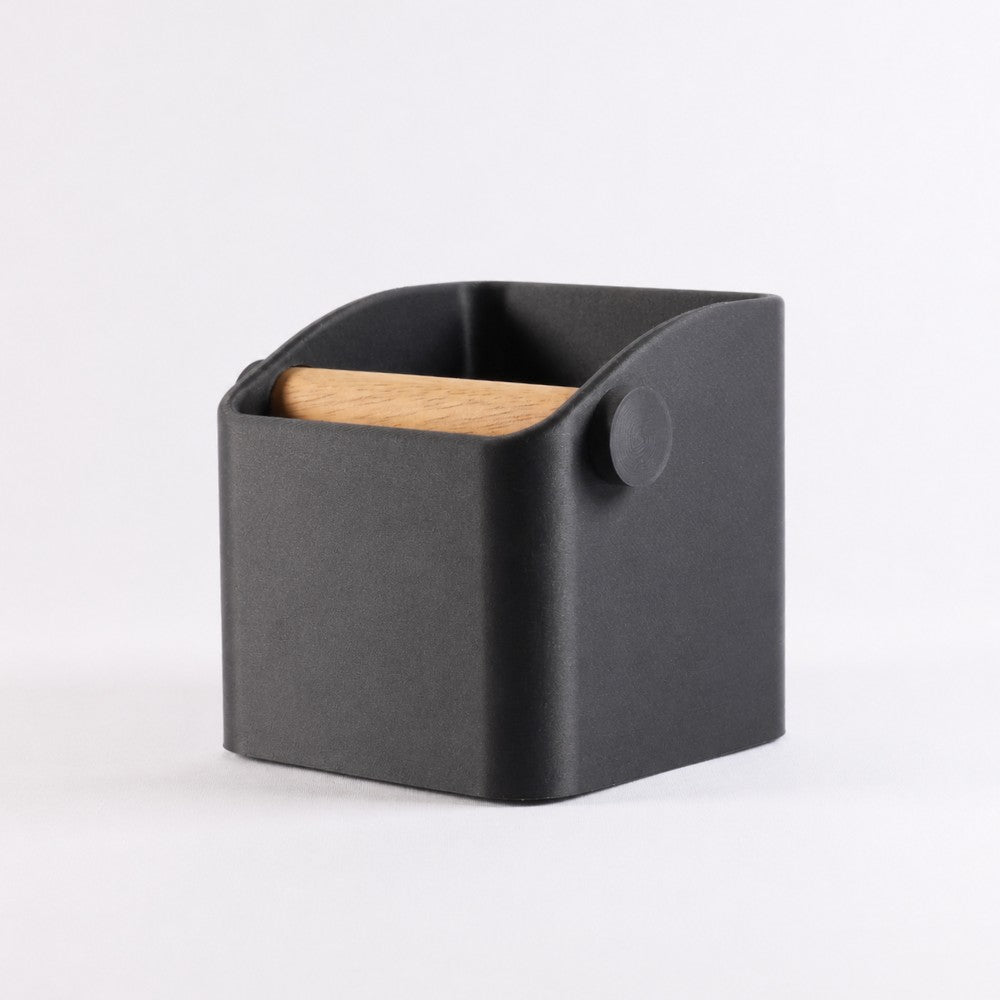 Square Espresso Knock Box with Oak Knock Bar Metallic Black