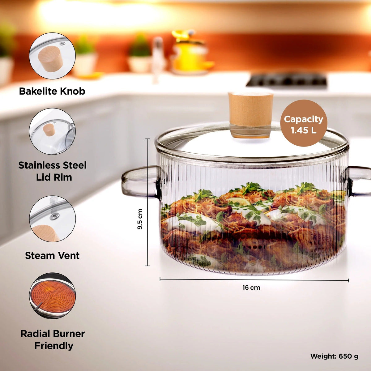 Borosilicate Glass Saucepan 1.45L Clear with Lid Electric Pottery Safe