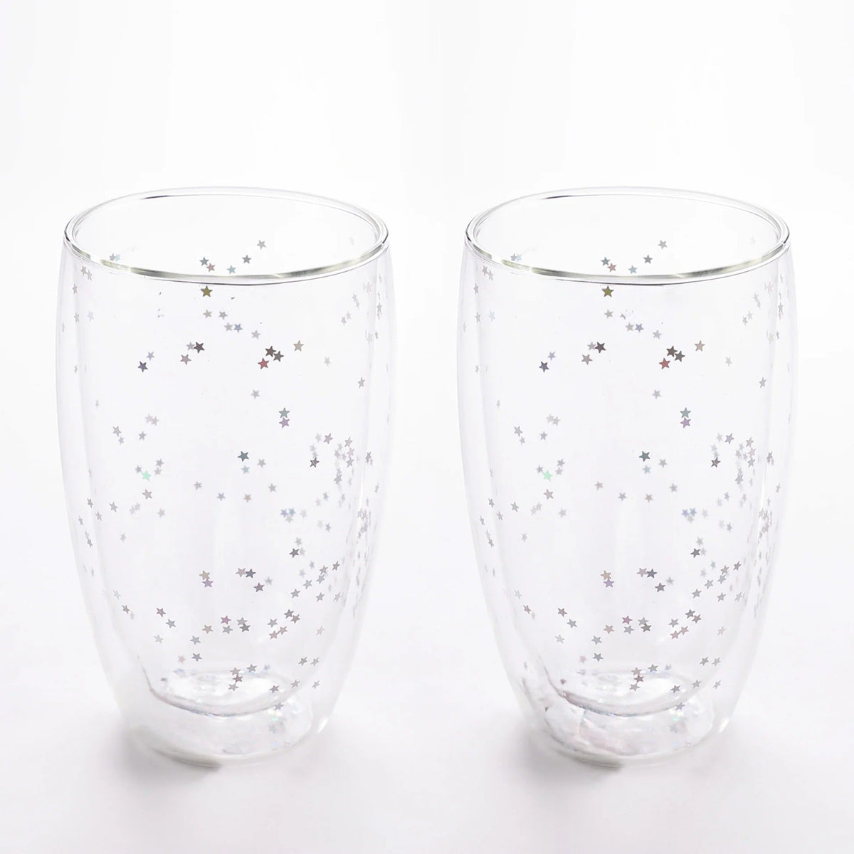 Double Wall Borosilicate Glass Coffee Mugs Set of 2 (450 ml), Starry Design, Transparent