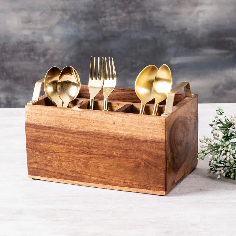 Teak Wood Cutlery Holder Small Gold Handle Classic