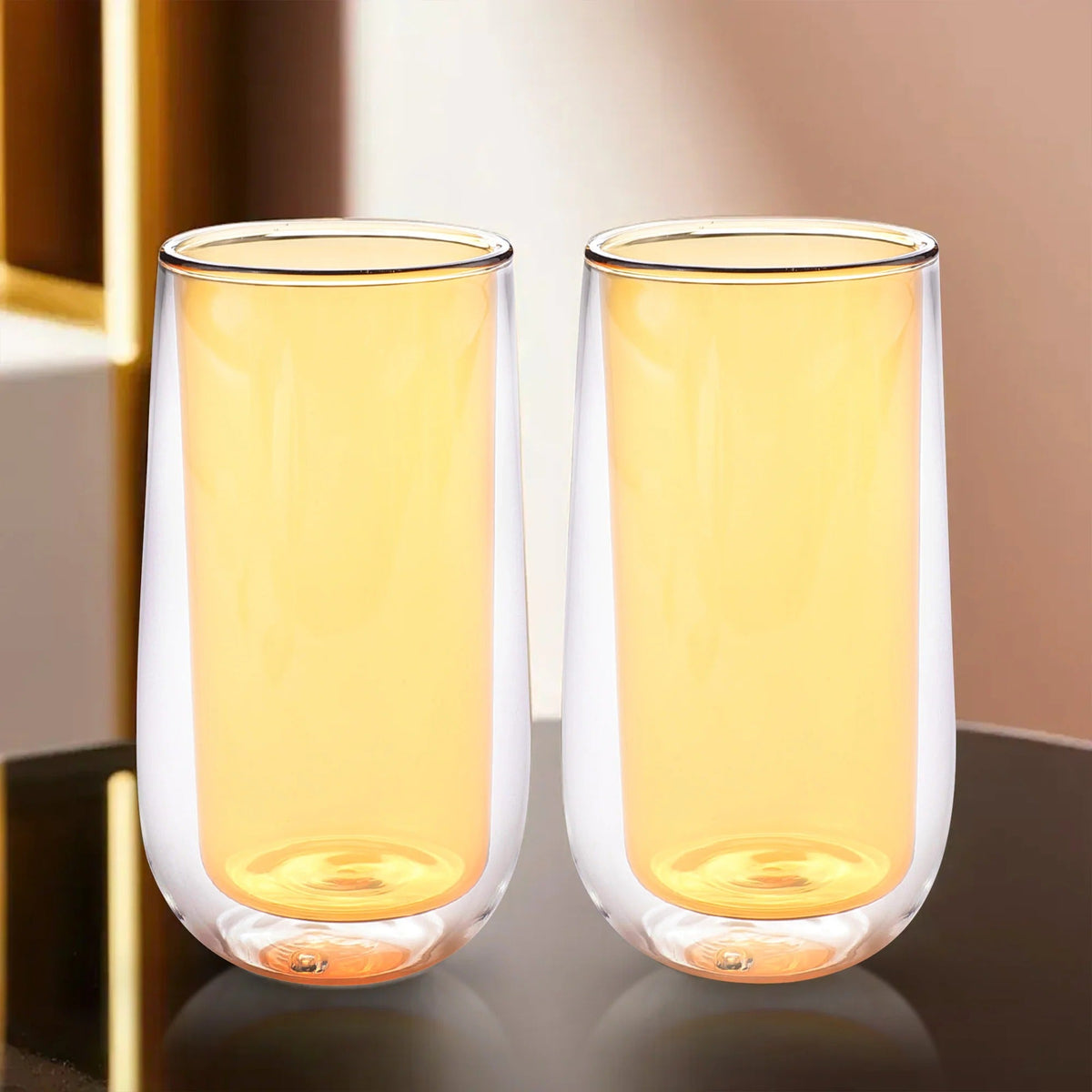 Double Wall Glass Coffee Mugs Set of 2 (240 ml), Yellow
