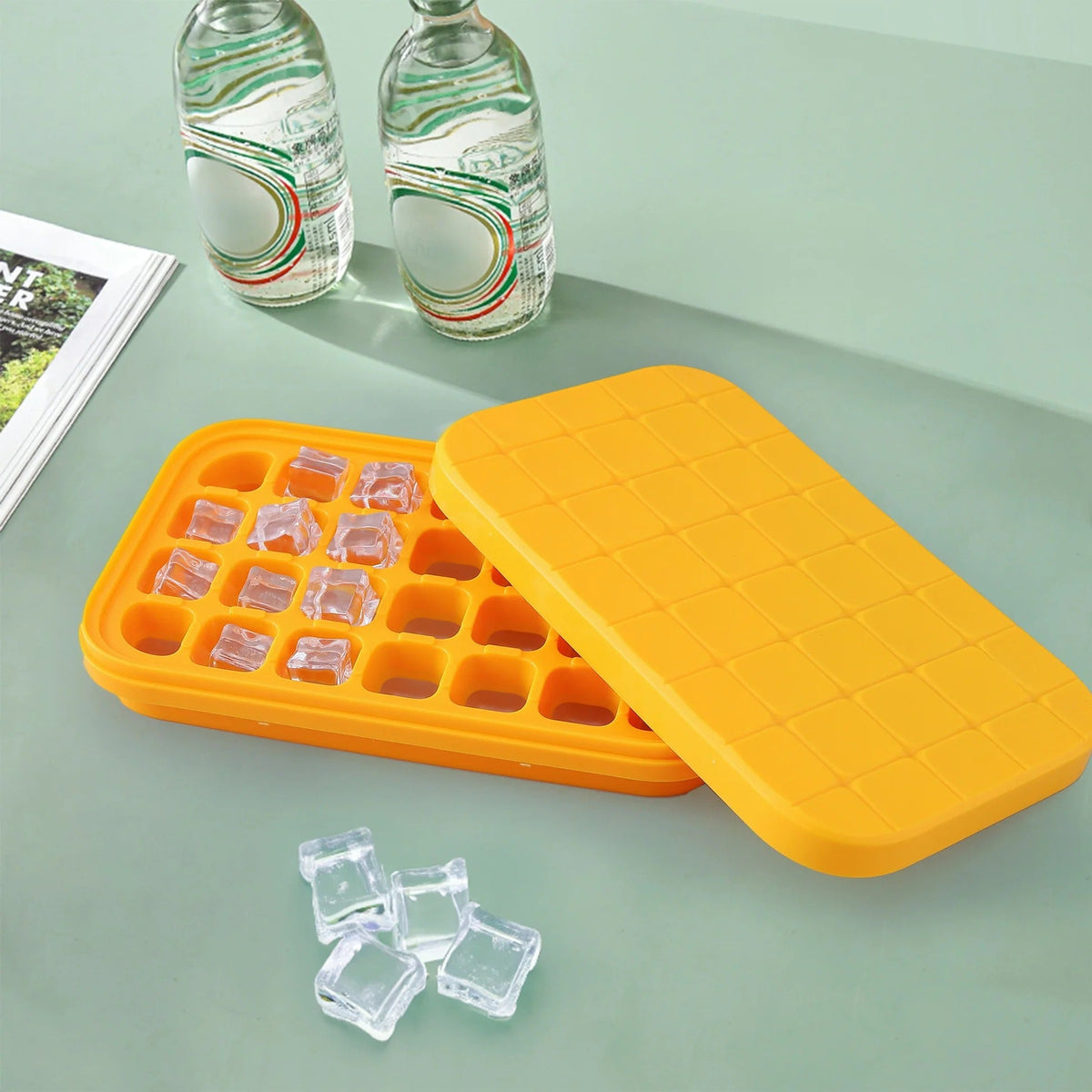 Ice Cube Tray, 28 Compartments, Easy Release with Lid, Orange