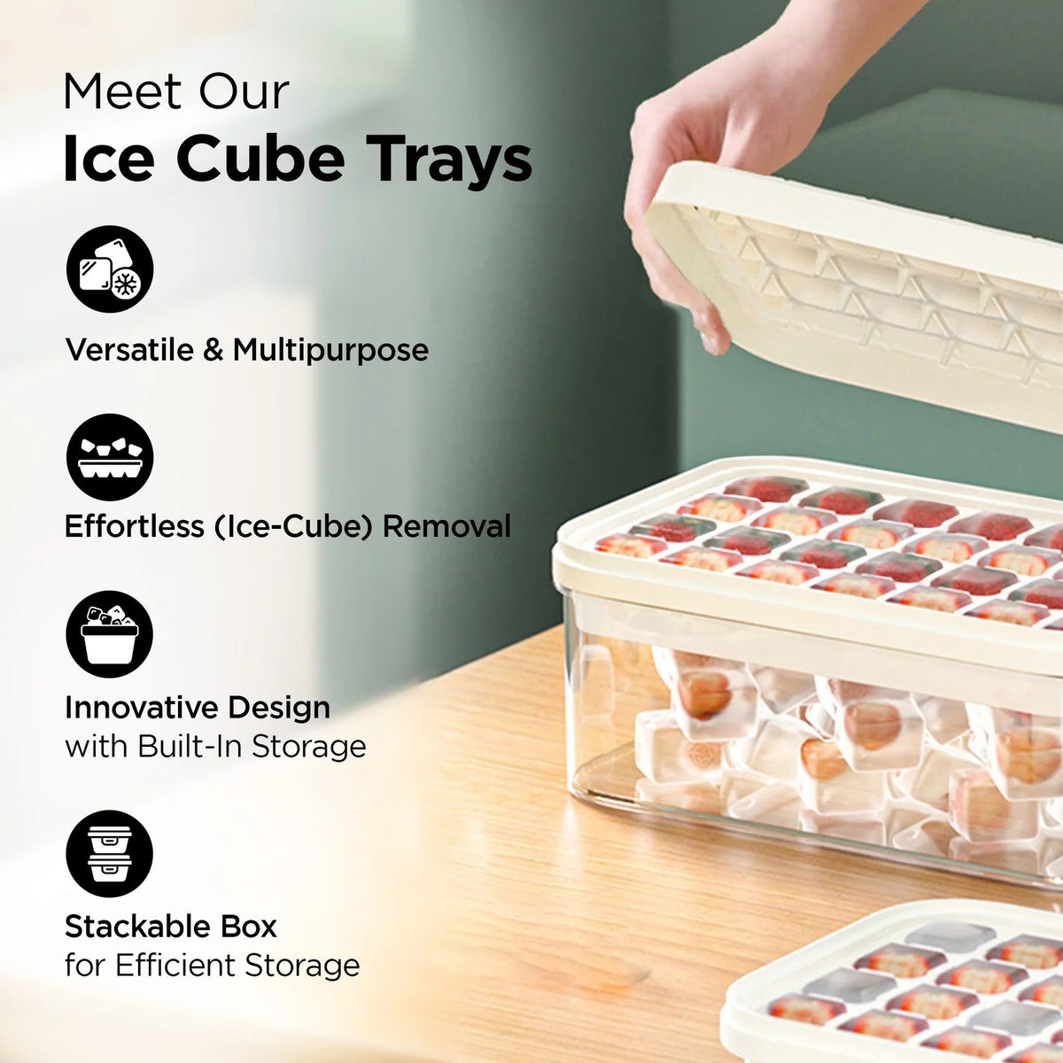 2 Layer Ice Cube Tray, 56 Compartments, Ice Scoop & Storage Box, White
