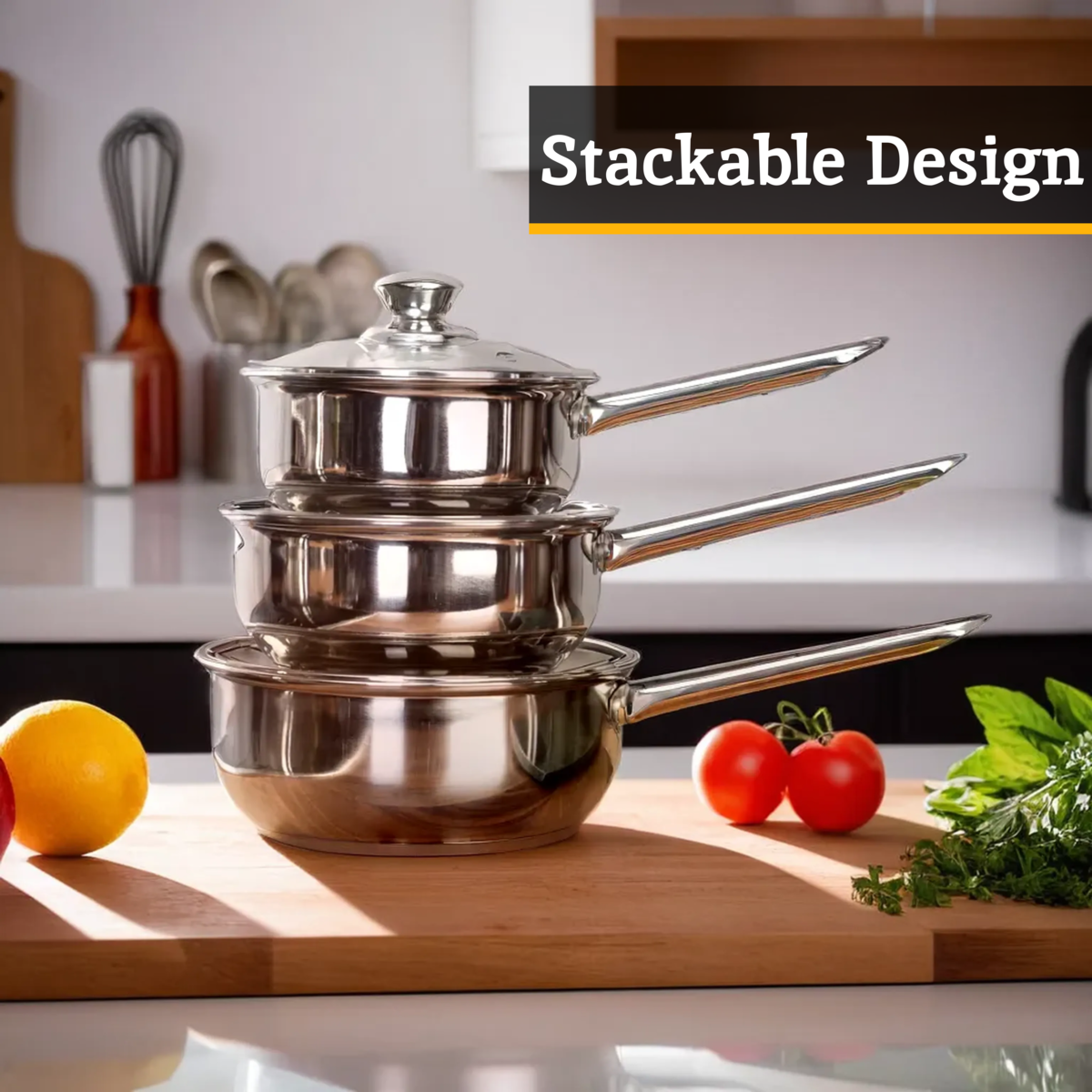 Set of 3 Mirrored Stainless Steel Saucepans with Glass Lids