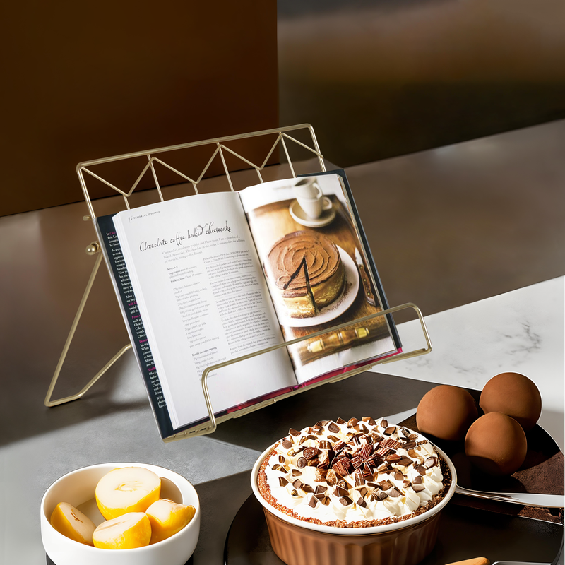 Matte Gold Finish Cookbook Stand with Geometric Backrest