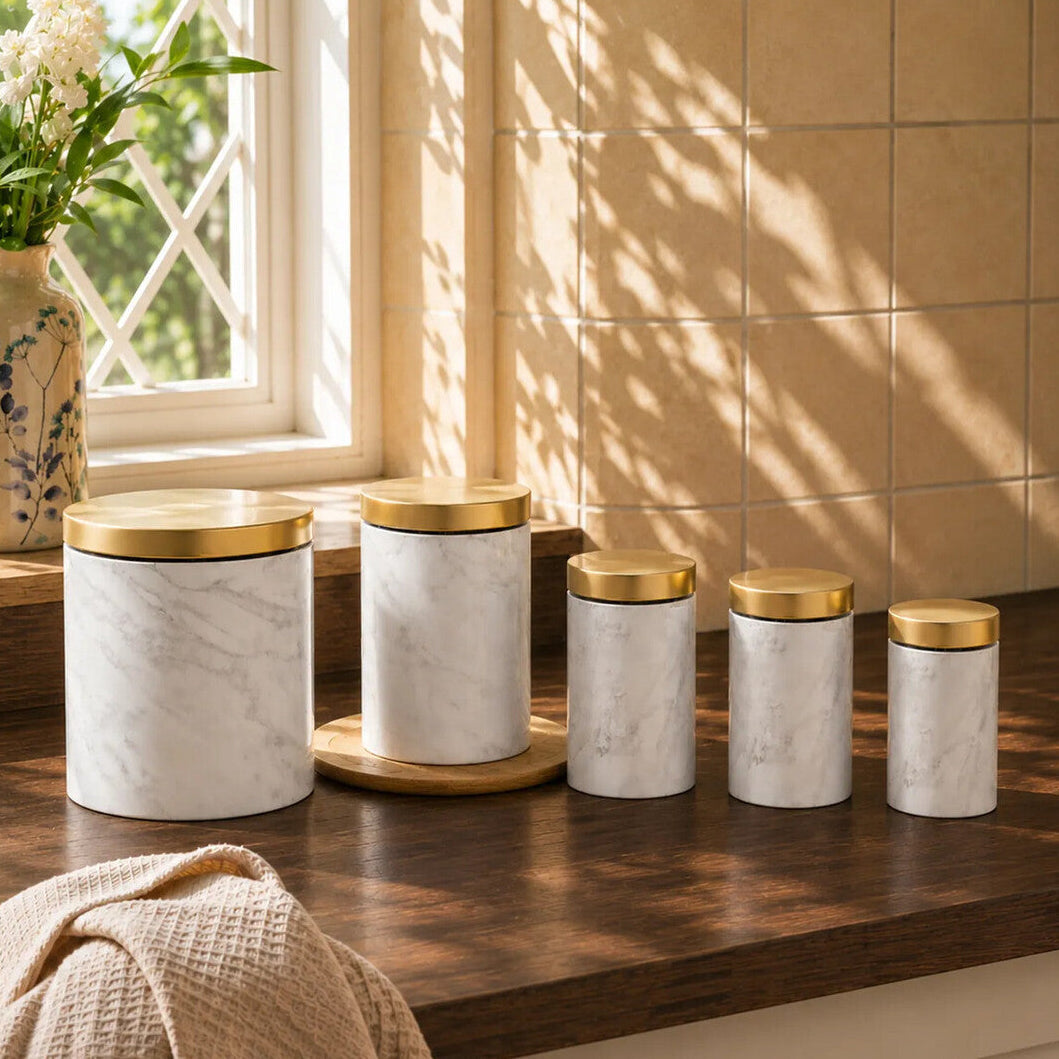 5 Piece Kitchen Storage Set in Marble Effect with Gold Accents
