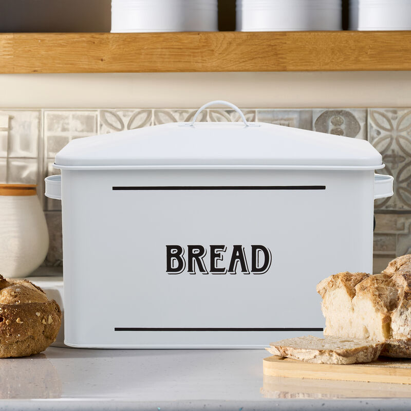 White Metal Bread Bin with Black Script