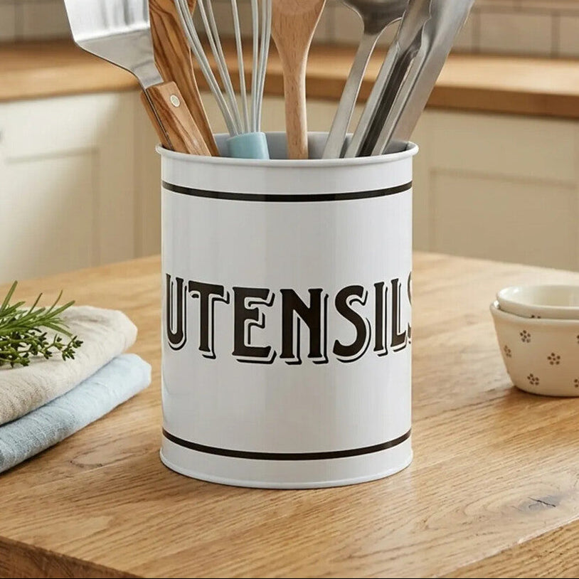 White Metal Utensil Holder with Black Lettering