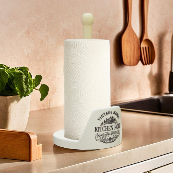 Cream Dolomite Kitchen Roll Holder with Pine Wood Stem