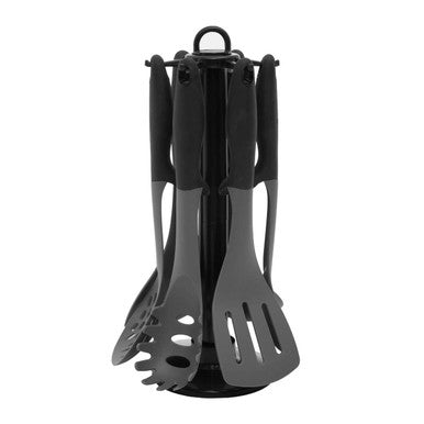 6 Piece Kitchen Utensils Set with Grey and Black Silicone Heads and Stand