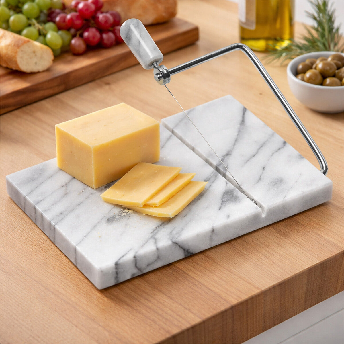 White Marble Cheese Board with Wire Slicer