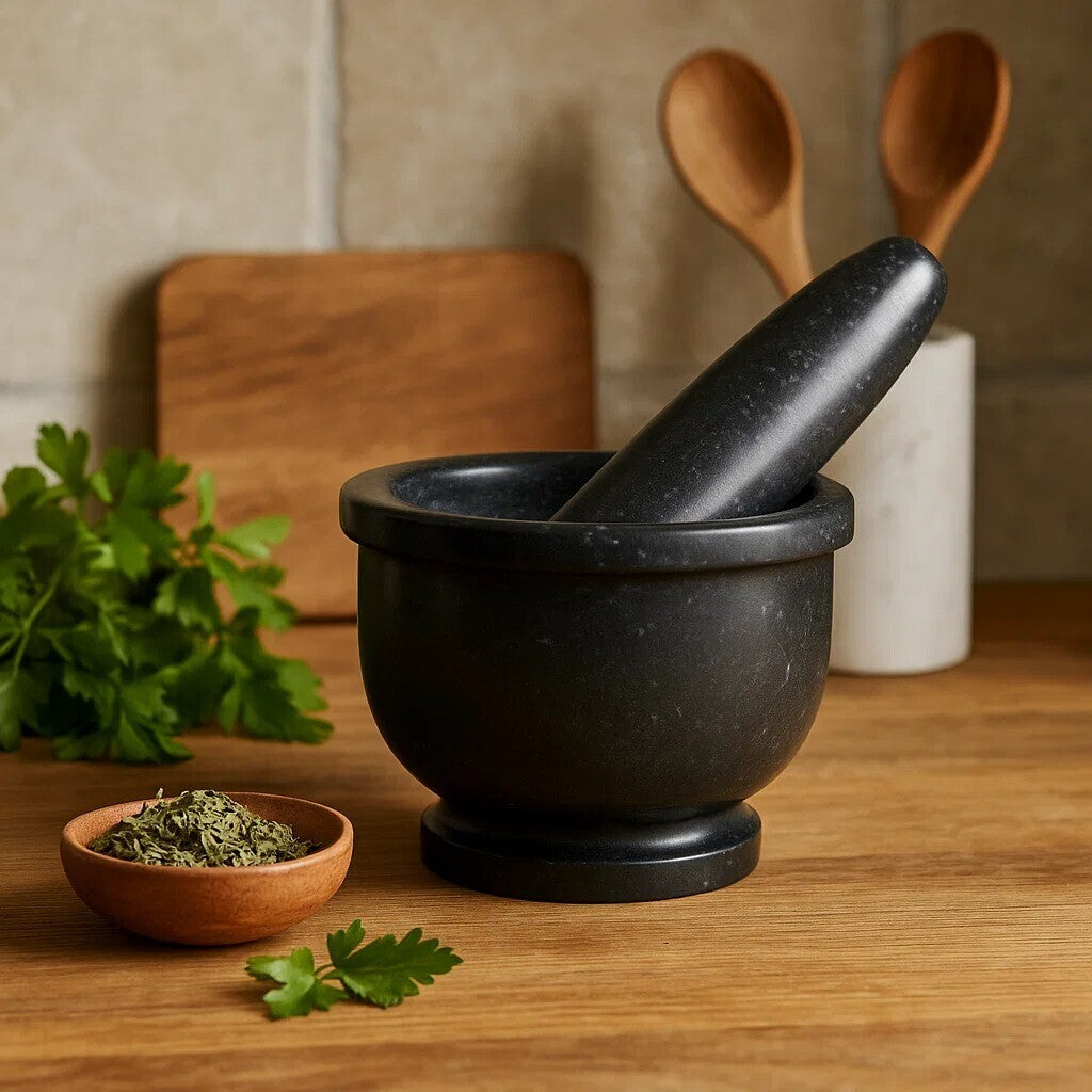 Black Marble Mortar and Pestle with Rim