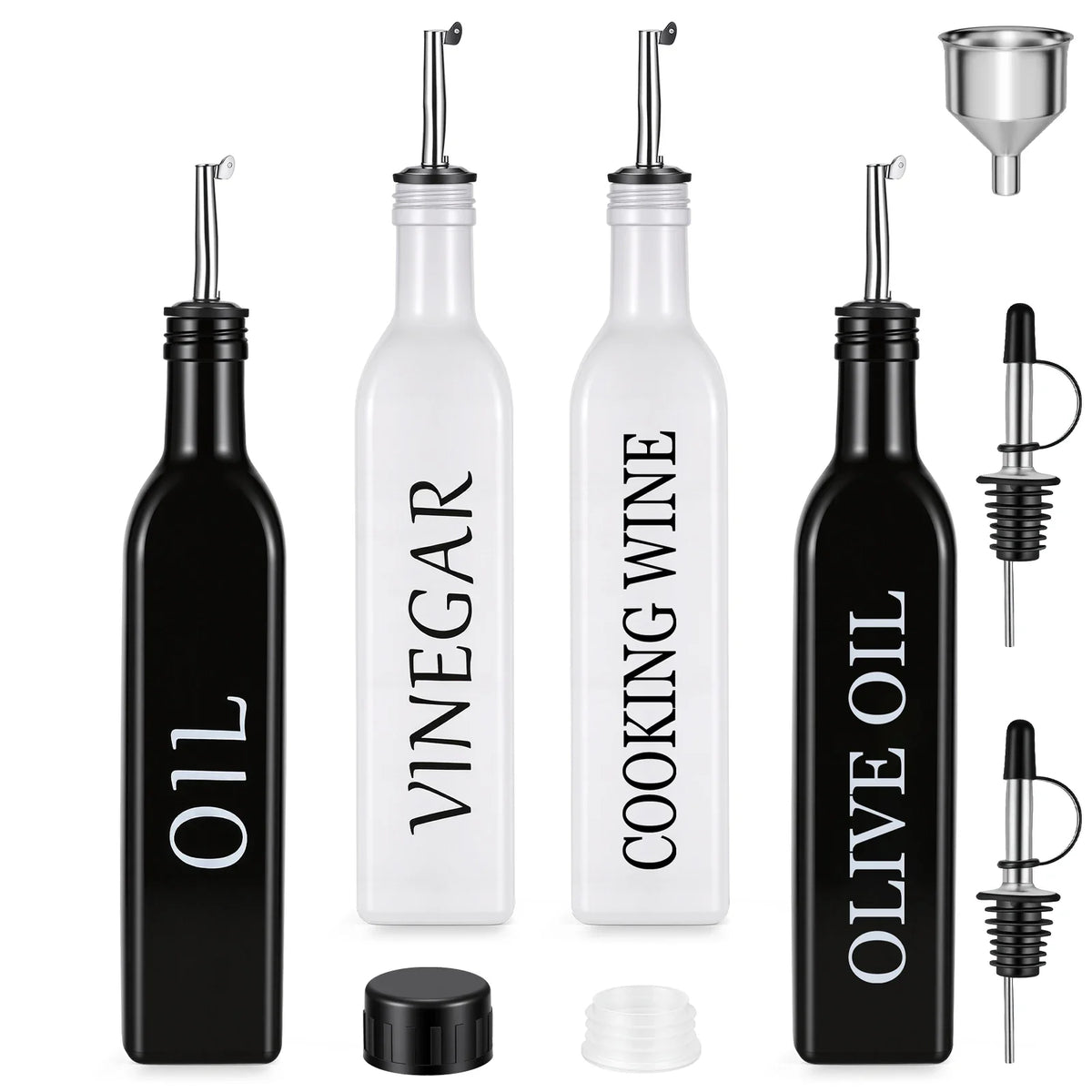 4 Pack Glass Oil Dispenser Bottles with Auto Open & Close Spouts – Leak-Proof 500ml Bottles with Funnel & Spare Caps – Ideal for Olive Oil, Soy Sauce & Vinegar United Kingdom