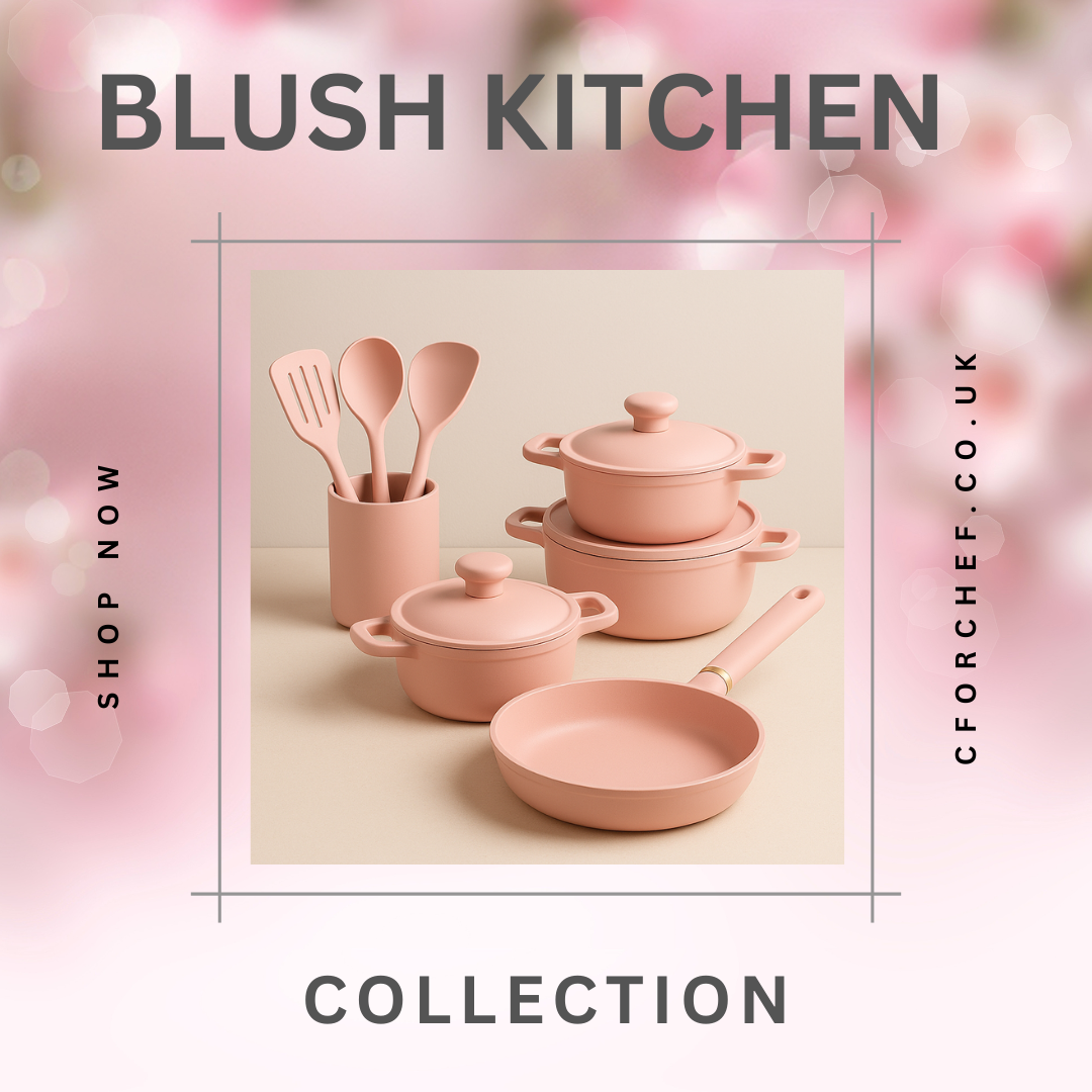 Elegant blush pink cookware set with utensils, styled for modern kitchen collections