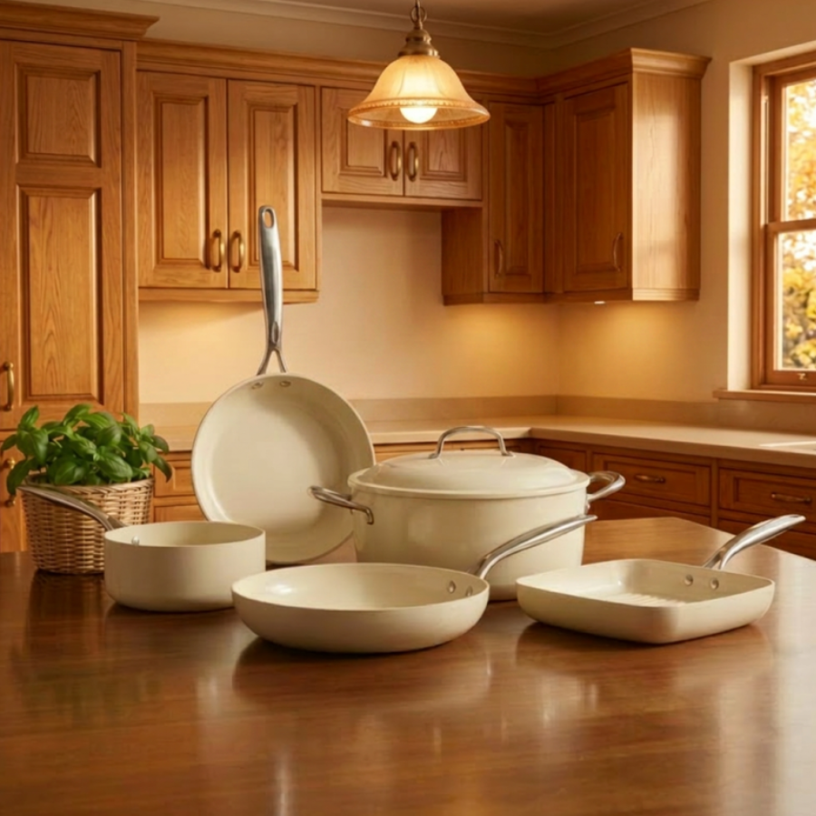 Cream ceramic non-stick cookware set with frying pan, casserole, sauté pan and roasting dish displayed on a wooden kitchen countertop