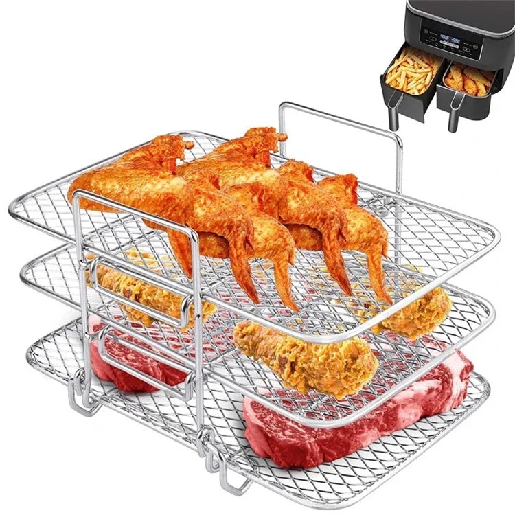 Stainless Steel Rectangle Air Fryer Rack – Stackable Multi-Layer Grill Rack for Rectangle Air Fryer Baskets – Ideal for Cooking More Food at Once