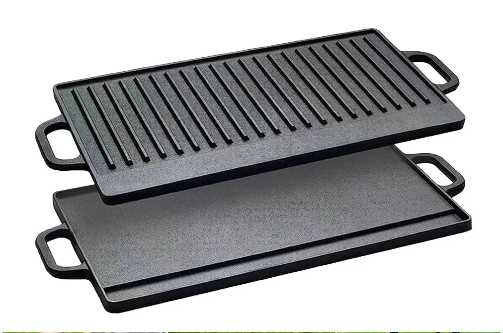 Double-Sided Cast Iron Grill Plate with Double Handles – Ridged & Smooth Griddle for Oven, Hob & BBQ – Best for Steaks, Eggs & Pancakes (51 x 23cm)