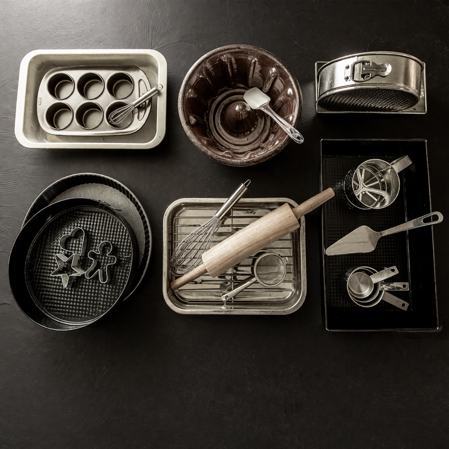 Stainless steel bakeware set including cake tins, muffin tray, rolling pin, whisk and measuring items for baking and food preparation