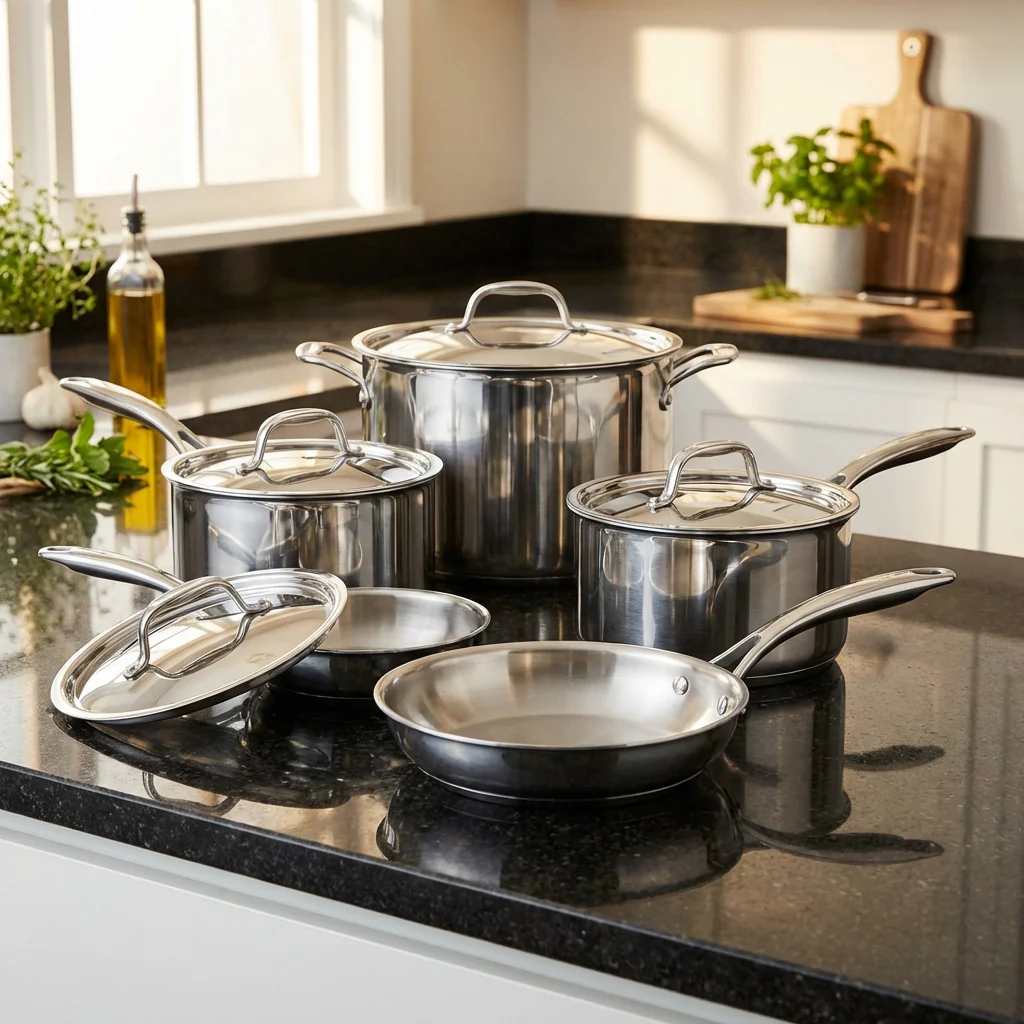 Stainless steel cookware set with saucepans, stockpot and frying pans with lids on a kitchen countertop, C for Chef