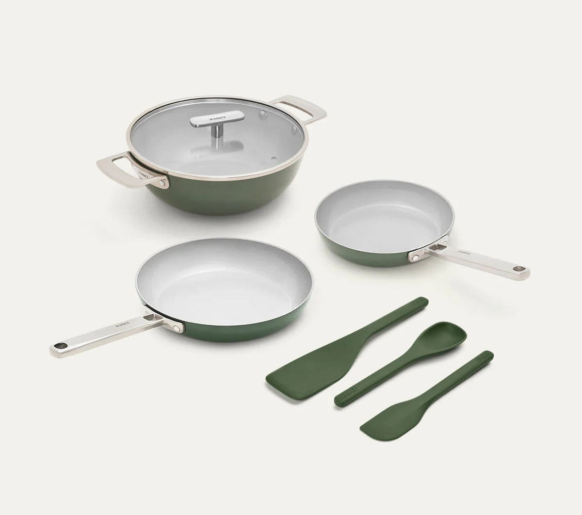 Cookware Set of 3 SS (Frypan+Kadai with Glass Lid+Eggpan) with 3 Kitchen Tools Coorg Green