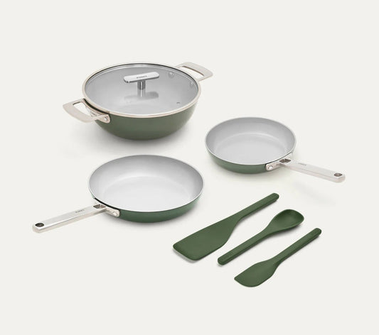 Cookware Set of 3 SS (Frypan+Kadai with Glass Lid+Eggpan) with 3 Kitchen Tools Coorg Green