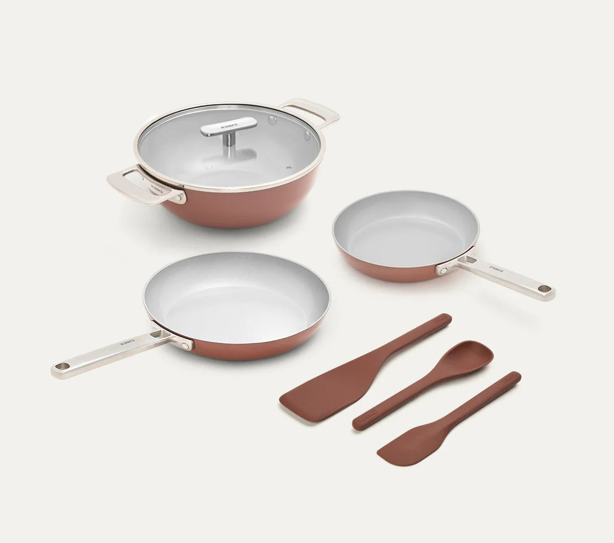 Cookware Set of 3 SS (Frypan+Kadai with Glass Lid+Eggpan) with 3 Kitchen Tools Jaipur Terracotta