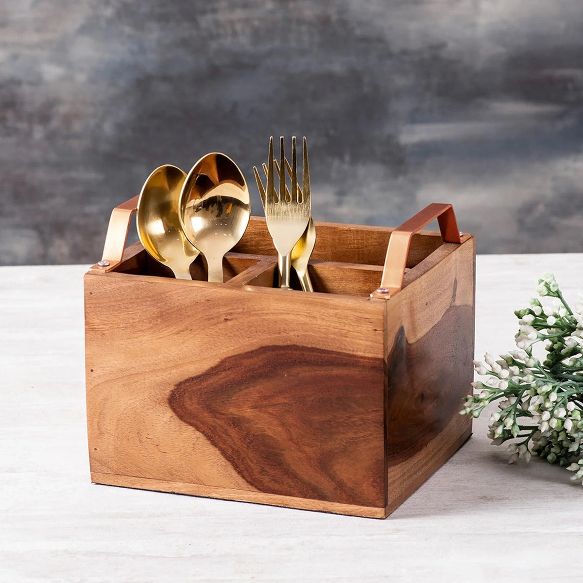 Teak Wood Cutlery Holder Small Copper Mini Me