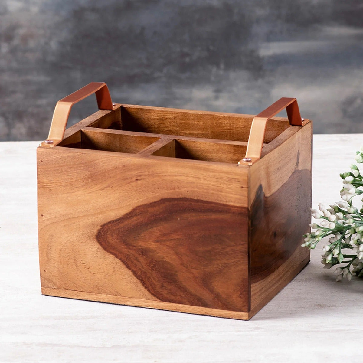 Teak Wood Cutlery Holder Small Copper Mini Me