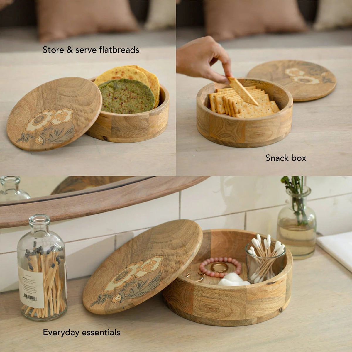 Roti Box Casserole with Wooden Lid BPA Free Food Grade Handcrafted Chapati Box