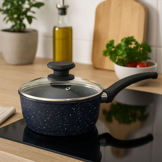 18cm Non Stick Stone Effect Saucepan with Glass Lid