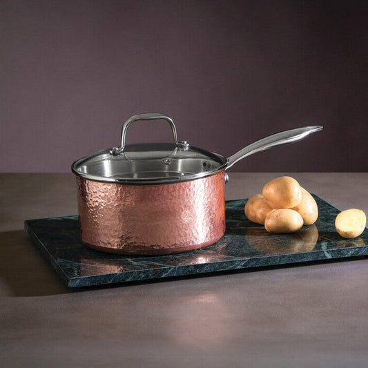 Medium 18cm Hammered Copper Finish Saucepan with Lid