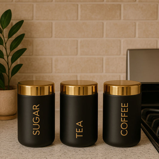 Set of 3 Black Enamel Tea Coffee and Sugar Canisters with Gold Lids