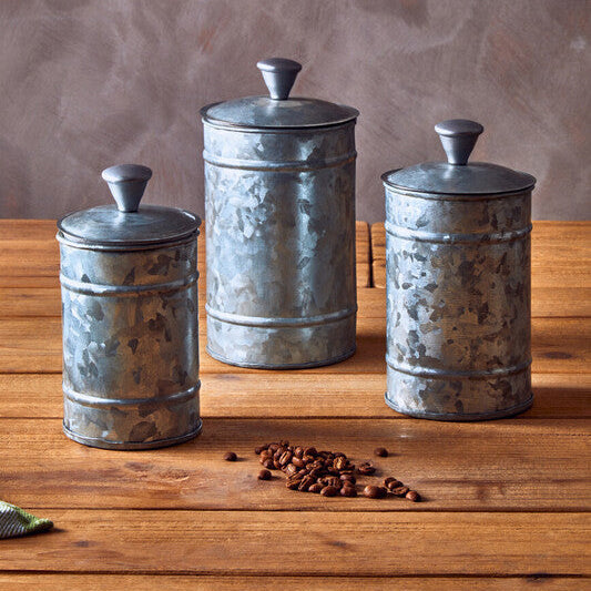Set of Three Galvanised Steel Canisters with Ribbed Detail