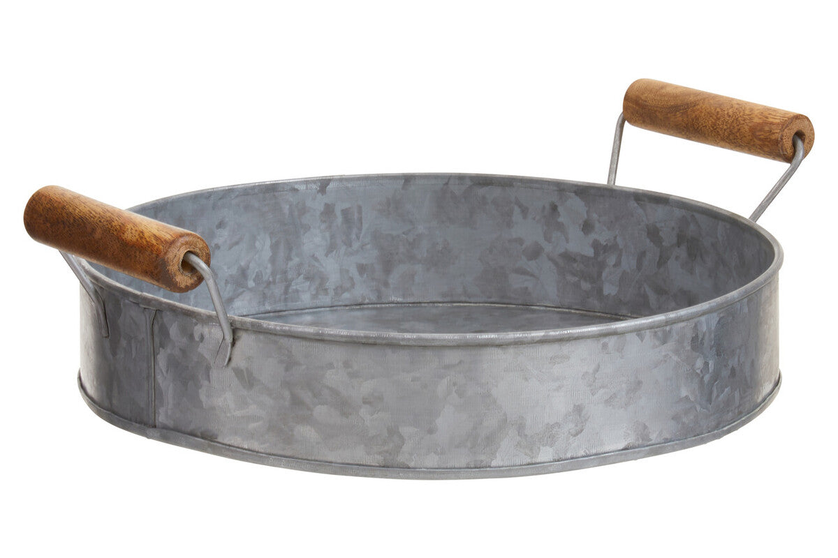 Galvanised Steel Round Tray with Wood Handles