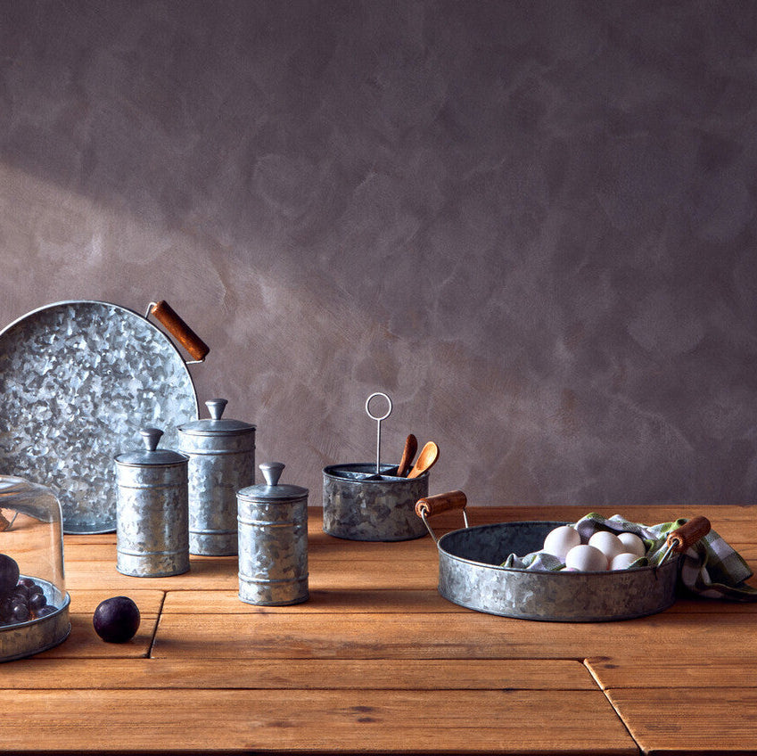 Galvanised Steel Round Tray with Wood Handles