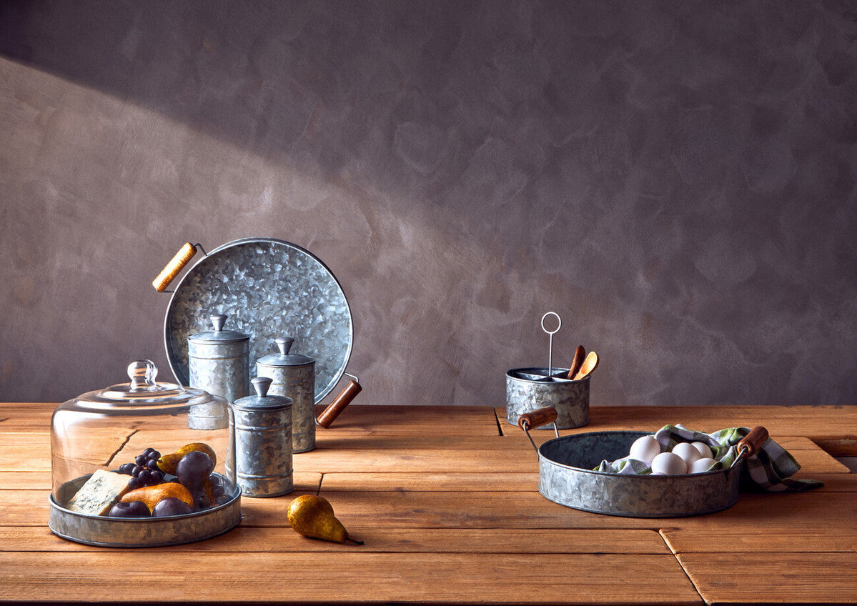 Galvanised Steel Round Tray with Wood Handles