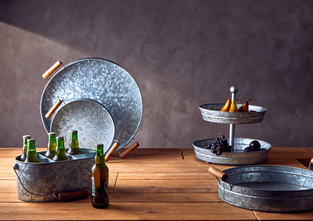 Galvanised Steel Round Tray with Wood Handles