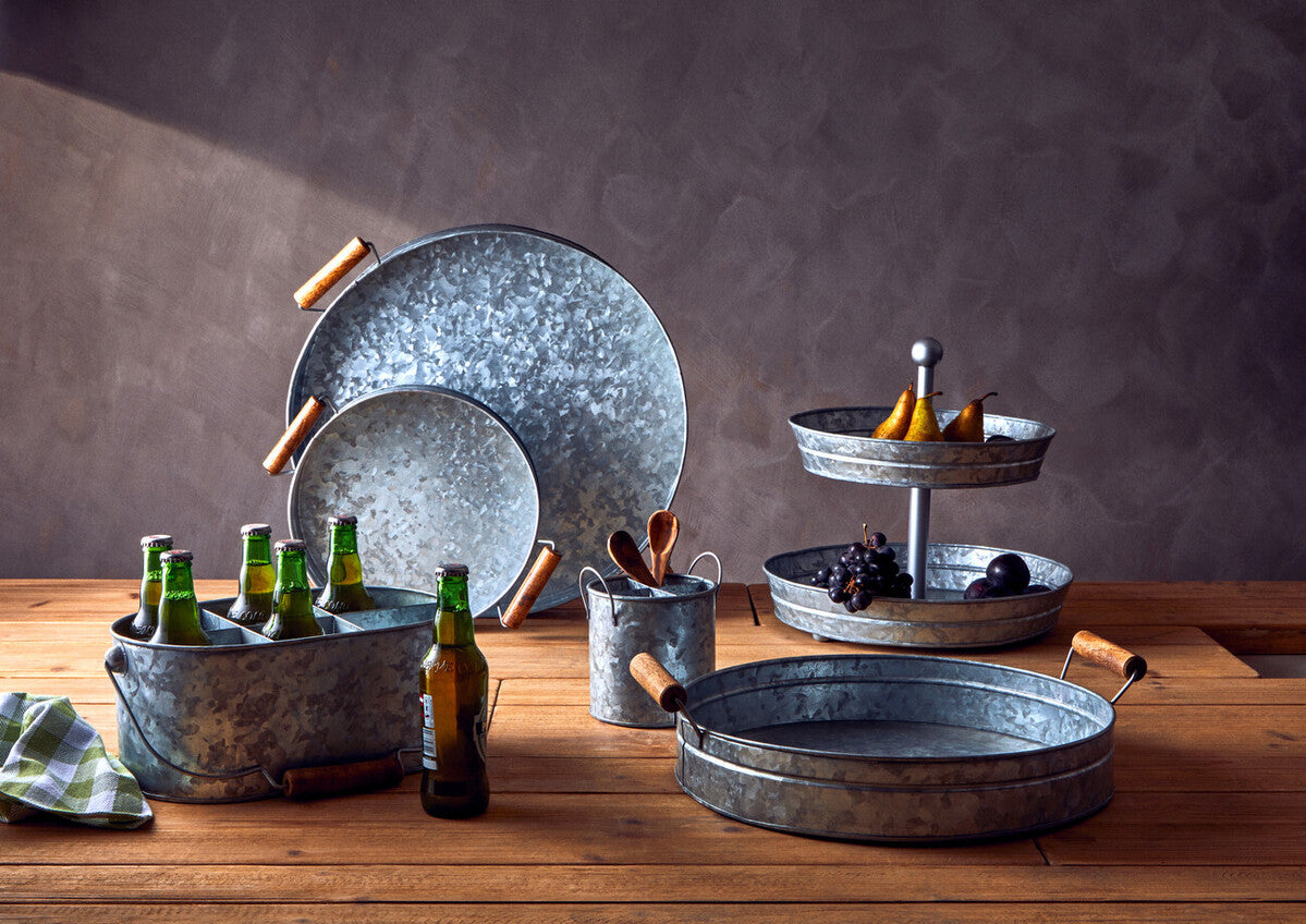 Galvanised Steel Round Tray with Wood Handles