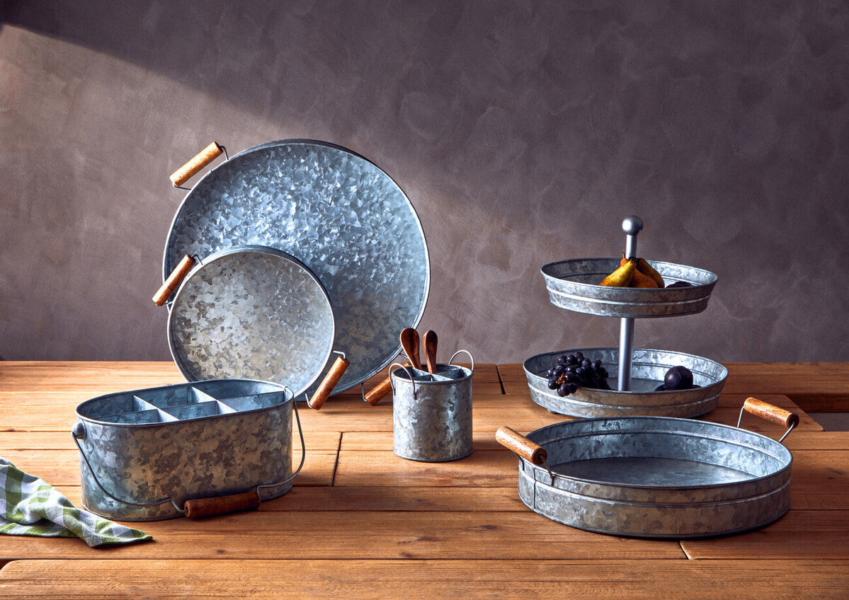 Galvanised Steel Round Tray with Wood Handles