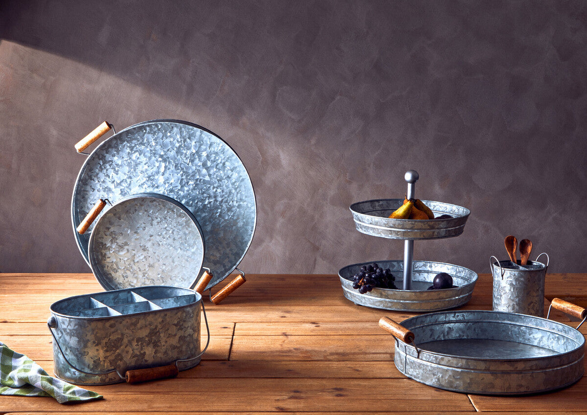 Galvanised Steel Round Tray with Wood Handles