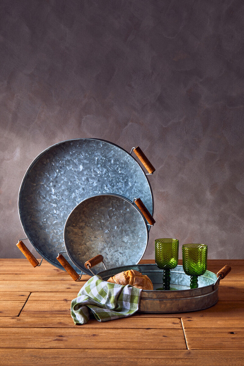 Galvanised Steel Round Tray with Wood Handles