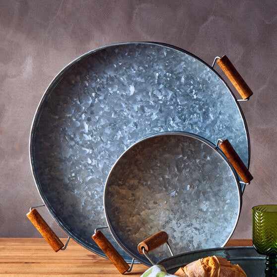 Galvanised Steel Round Tray with Wood Handles