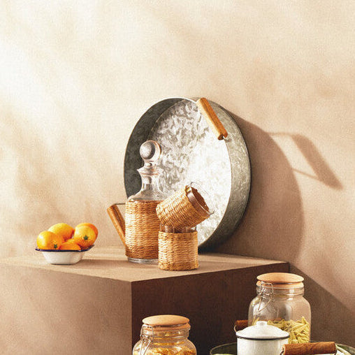 Galvanised Steel Round Tray with Wood Handles