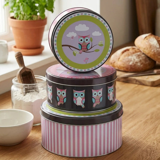 Set of Three Owl Print Storage Tins