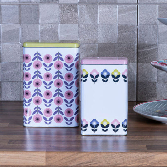 Set of 2 Floral Storage Canisters with Yellow and Pink Lids