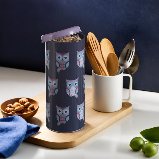Blue Owl Round Storage Canister with Violet Lid