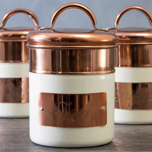 Cream and Copper Tea Canister with Raised Handle Lid